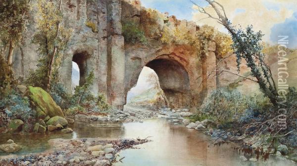 A River Running Under An Aquaduct On The Roman Campagna Oil Painting - Ettore Roesler Franz