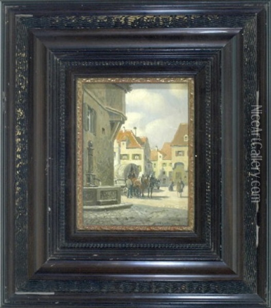 Blick Von Einer Seitenstrase Mit Brunnen Auf Eine Belebte Marktszene Mit Fuhrwerk Oil Painting - Max Barascudts