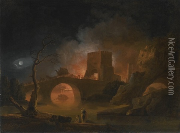 A Moonlit River Landscape With Figures Fleeing A Burning City Oil Painting - Pierre Jacques Volaire
