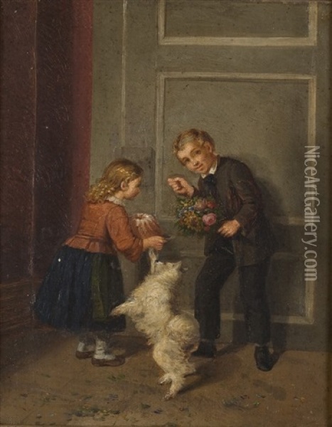 Geschwisterpaar Mit Geschenken Und Hund (+ Grosmutterliebe; 2 Works) Oil Painting - Friedrich Heimerdinger