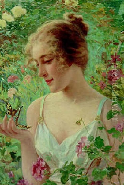 The Butterfly Girl Oil Painting - Adolfo Belimbau