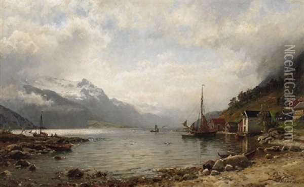 Norwegischer Fjord. Am Ufer Ein Kleines Fischerdorf Oil Painting - Anders Monsen Askevold