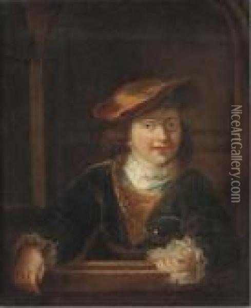 A Boy In A Cap Wearing A Gold Chain Holding A Bubble, At Acasement Oil Painting - Rembrandt Van Rijn