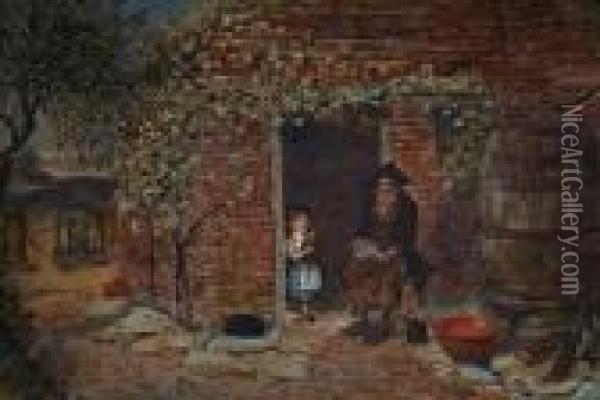 A Tinker And A Young Girl Conversing By Acottage Door Oil Painting - Charles Rowbotham