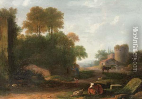 An Italianate Landscape Oil Painting - Herman Van Swanevelt