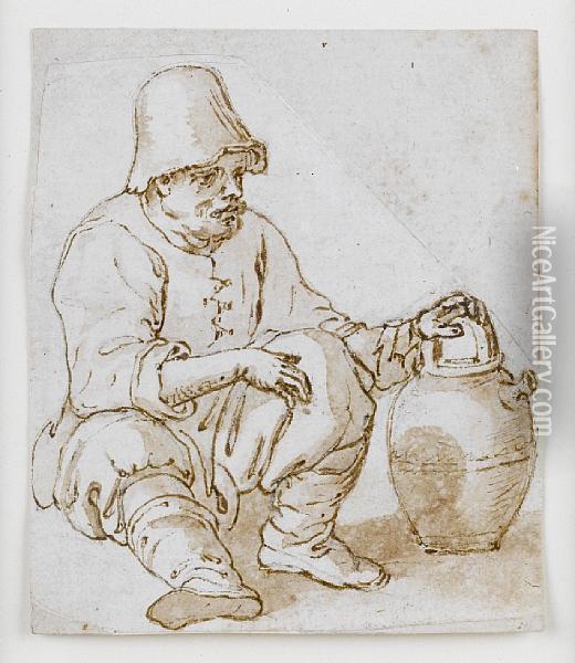A Seated Man Holding A Jug Oil Painting - Hendrick Avercamp