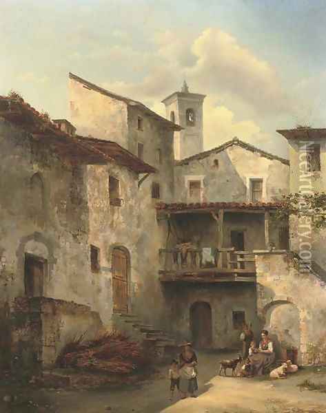 A courtyard in an Italian village Oil Painting - Felice A. Rezia