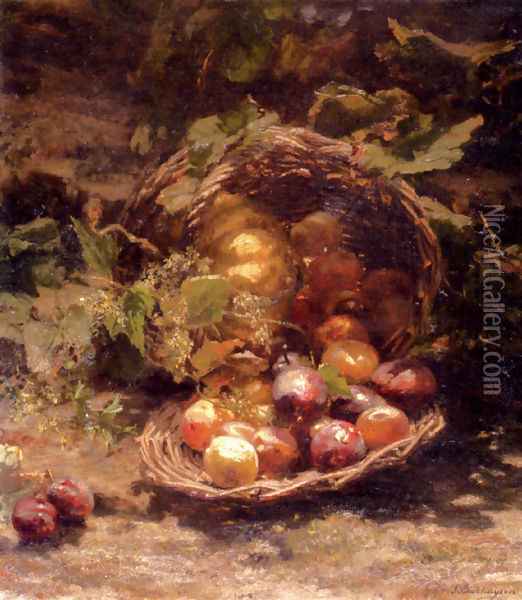 A Wicker Basket Of Plums, Apricots And A Pumpkin In An Autumnal Landscape Oil Painting - Geraldine Jacoba Van De Sande Bakhuyzen