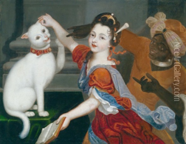 Eine Junge Dame Beim Spiel Mit Ihrer Katze, Rechts Ein Mohrenpage Oil Painting - Jacques-Francois Courtin