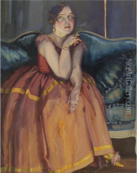 A Woman Smoking A Cigarette On A Sofa Oil Painting - Konstantin Andreevic Somov