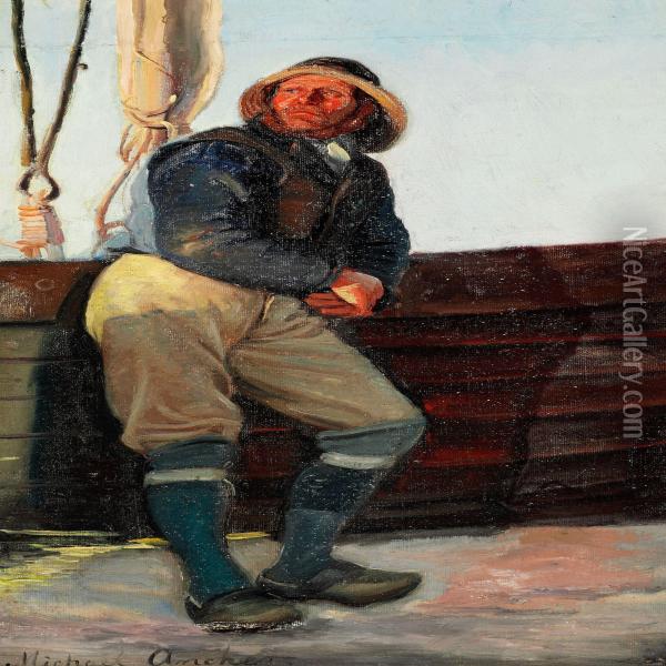 Fisherman From Skagen Leaning Against A Boat Oil Painting - Michael Ancher