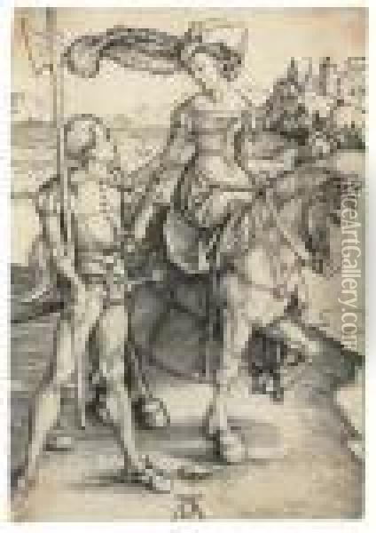 Lady On Horseback And Lansquenet Oil Painting - Albrecht Durer