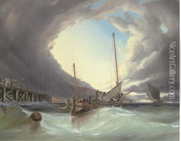 Fishing Boats Off Ramsgate In The Eye Of A Storm Oil Painting - Frederick Calvert