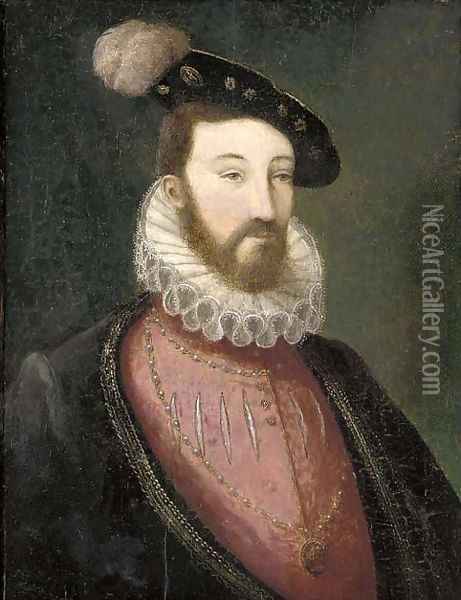 Portrait of a bearded nobleman, in a pink slashed doublet with a white ruff and a black jacket, wearing a medallion Oil Painting - Francois Clouet