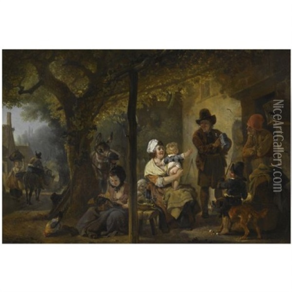 Figures Gathered Outside An Inn Oil Painting - Jean-Louis Demarne
