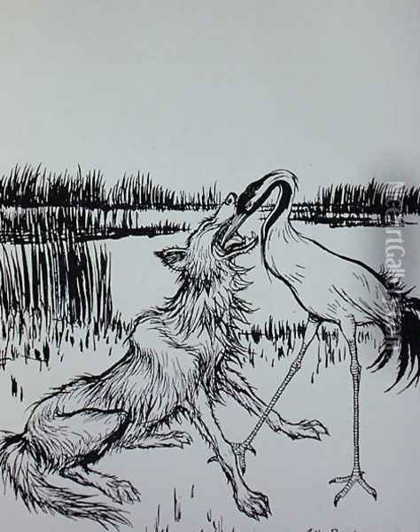 The Wolf and the Crane, illustration from Aesops Fables, published by Heinemann, 1912 Oil Painting - Arthur Rackham