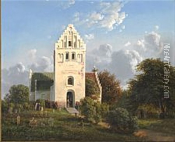 Prospect Af Skamby Kirke I Fyen Oil Painting - Ferdinand Richardt