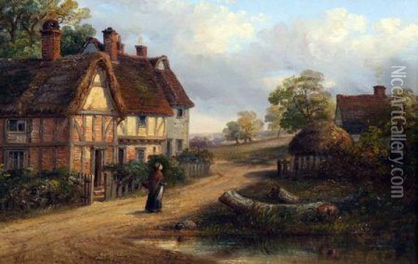 Country Landscape With Lady Before A Cottage Oil Painting - Thomas Smythe