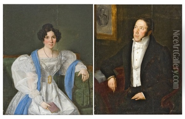 Portrait Of A Woman In An Empire Dress And A Man Looking On A Portrait Of Count Adam Reviczky (1786-1862) (pair) Oil Painting - Joseph Weidner