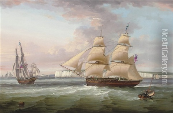 A Merchant Brig In Two Positions Off Flamborough Head Oil Painting - Sir George Chambers