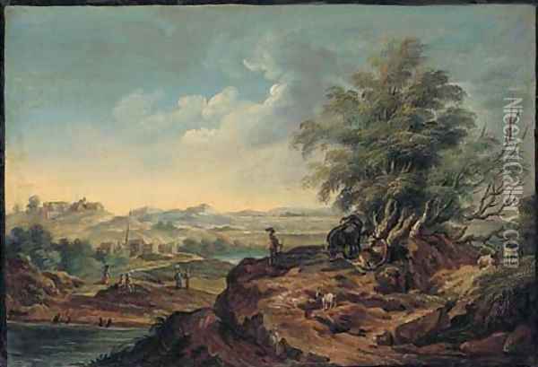 An extensive landscape with a herdsman and livestock in the foreground, a village seen beyond Oil Painting - Martin von Molitor