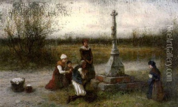 Familie Bei Der Andacht Vor Einem Wegkreuz Oil Painting - George Henry Boughton