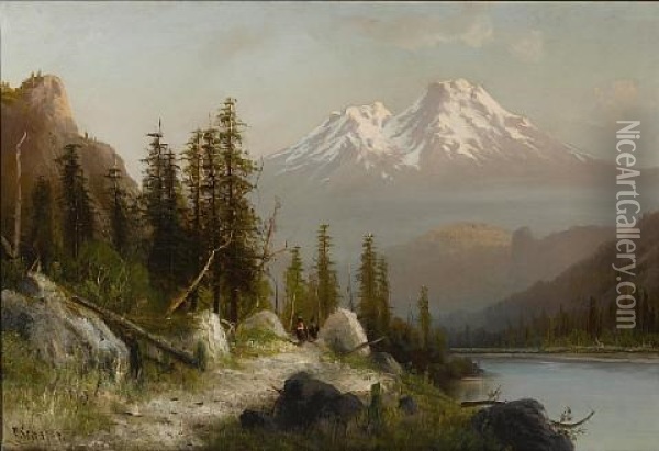 Morning On Mount Shasta, 14,400 Feet High From Shasta Lake, California Oil Painting - Frederick Ferdinand Schafer
