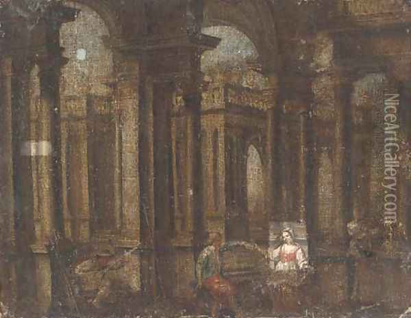 A capriccio of a palace courtyard with figures playing music and dancing Oil Painting - Gennaro Greco, Il Mascacotta