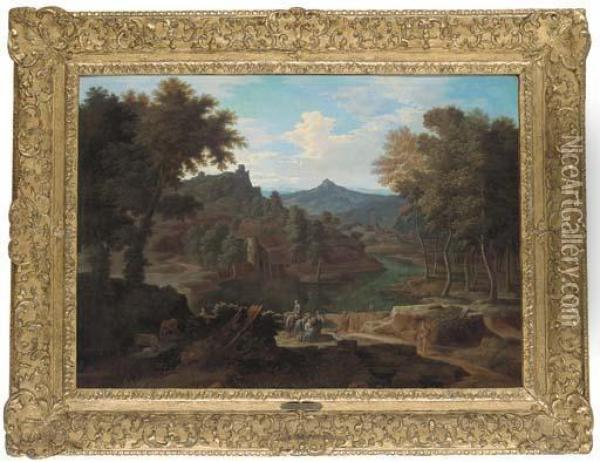 A Mountainous Landscape With Washerwomen By A River Oil Painting - Frederick De Moucheron