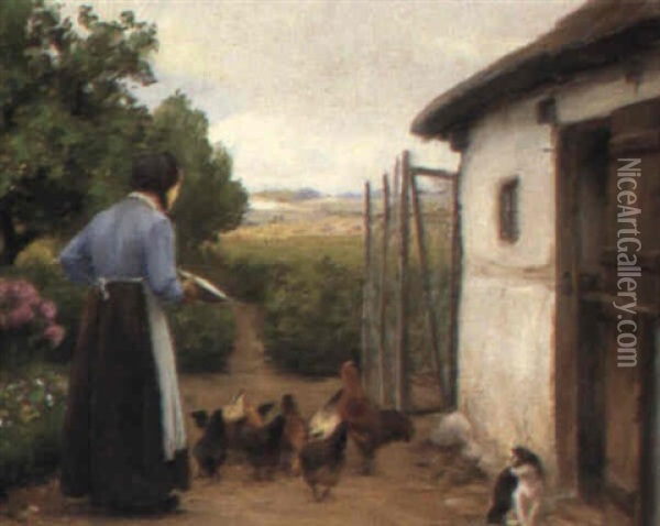 Feeding The Chickens Oil Painting - Hans Andersen Brendekilde