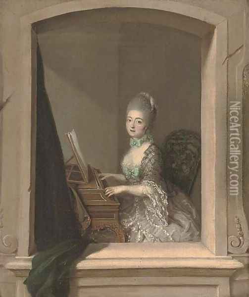 Portrait of a lady, seated, three-quarter-length, at a harpsichord, by a casement Oil Painting - French School