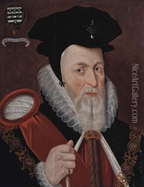 Portrait Of William Cecil (1520-1598), 1st Baron Burghley, Bust-length, As Lord High Treasurer, With A Coat-of-arms Oil Painting - Marcus Gerards the Younger