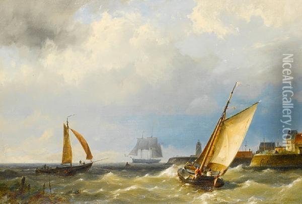 A Fishing Vessel Putting Out To Sea From A Harbour, In Choppy Waters Oil Painting - Hermanus Jr. Koekkoek