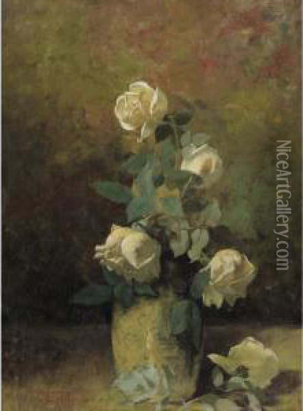 Still Life With Yellow Roses In A Vase Oil Painting - Charles Ethan Porter