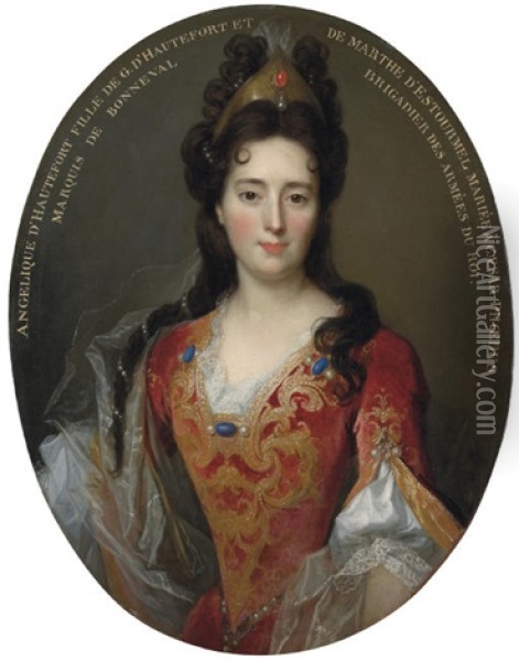 Portrait Of Angelique D'hautefort In A Red And Gold Embroidered Bodice And Skirt Oil Painting - Nicolas de Largilliere