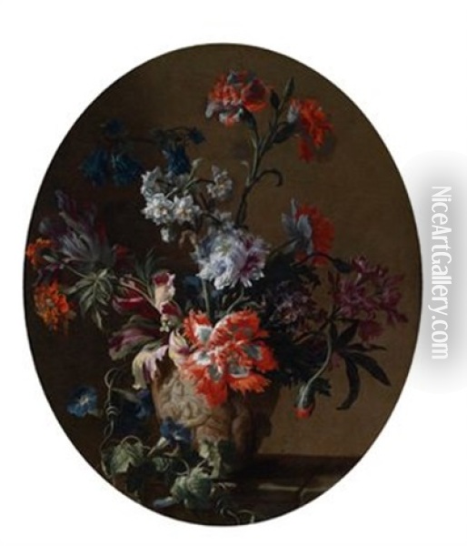 Blumenstillleben In Einer Skulptierten Steinvase Oil Painting - Jean-Baptiste Monnoyer