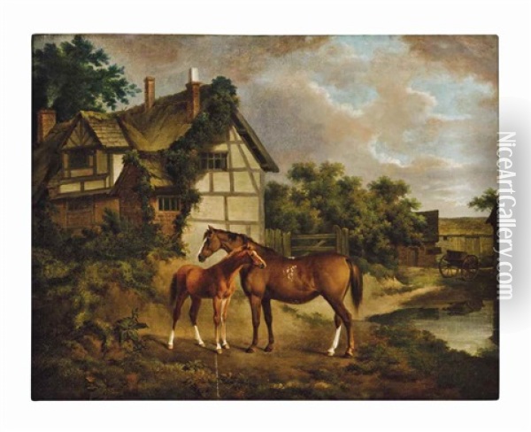 Mare And Foal Outside A Cottage Oil Painting - Charles Townley