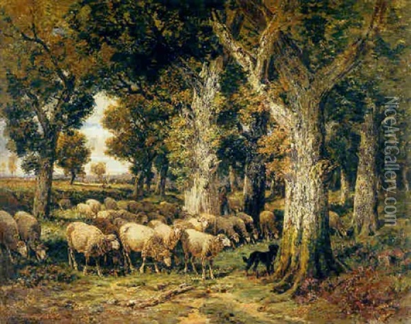 Shepherdess With Her Flock In A Forest Oil Painting - Charles Emile Jacque
