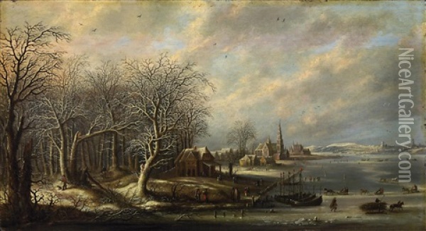 Weite Winterliche Flusslandschaft Mit Zahlreichen Boots- Und Staffagefiguren Oil Painting - Denis van Alsloot