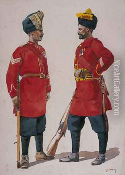 Soldiers of the 5th Light Infantry Musalman Rajput and the 6th Jat Light Infantry Jat Havildars Oil Painting - Alfred Crowdy Lovett