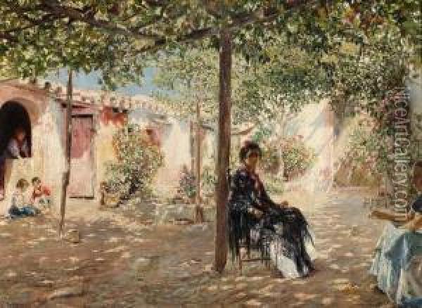 Ladies In A Sun-dappled Courtyard Oil Painting - Jose Gallegos Y Arnosa