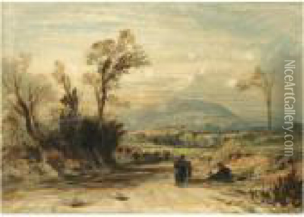 Figures On A Track, In An Extensive Landscape Oil Painting - John Linnell