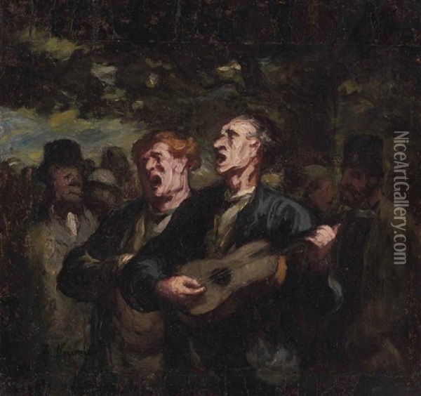 Chanteurs Ambulants ('buskers') Oil Painting - Honore Daumier