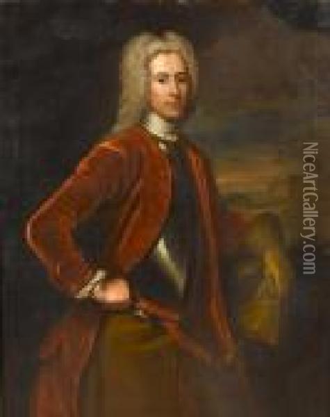 Portrait Of A Gentleman, 
Three-quarter-length, In A Burgundy Coat With A Breast Plate, Holding A 
Glove, A View To A Castle And A Landscape Beyond Oil Painting - William Aikman