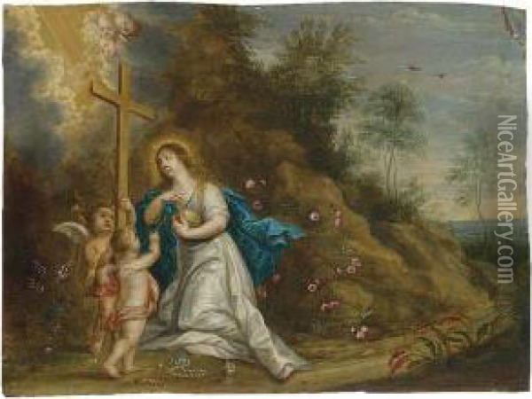 St. Catherine In A Landscape 
Laureated By Putti; Mary Magdalene In Penitence In A Landscape With 
Putti Oil Painting - Pieter Van Avont