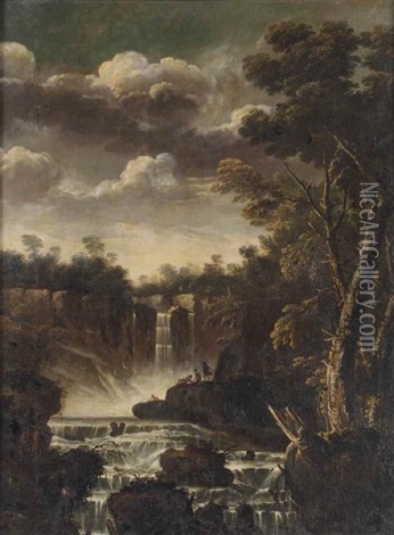 A Wooded Landscape With Figures Near A Waterfall Oil Painting - Bartolomeo Torreggiani