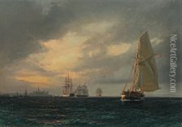 Seascape At Sunset Off The Coast Of Kronborg Castle Oil Painting - Daniel Hermann Anton Melbye