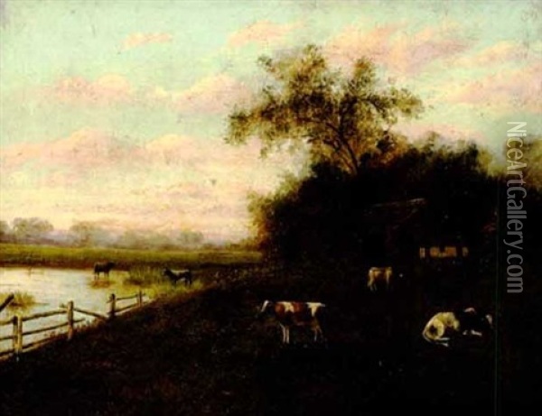 Cattle And A River With A Farmhouse Oil Painting - William Henry Buck
