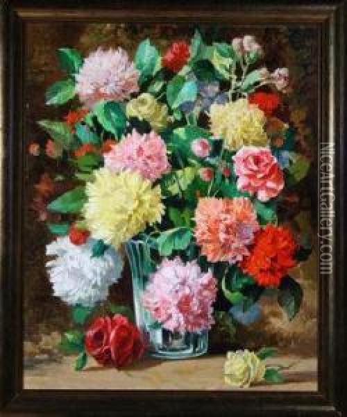 Carnations And Roses Arranged In A Glass Vase Oil Painting - John Wilson