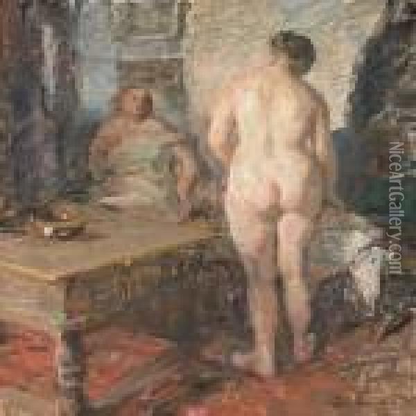 Interior With A Seatedwoman And A Standing Female Nude, Back Turned Oil Painting - Julius Paulsen